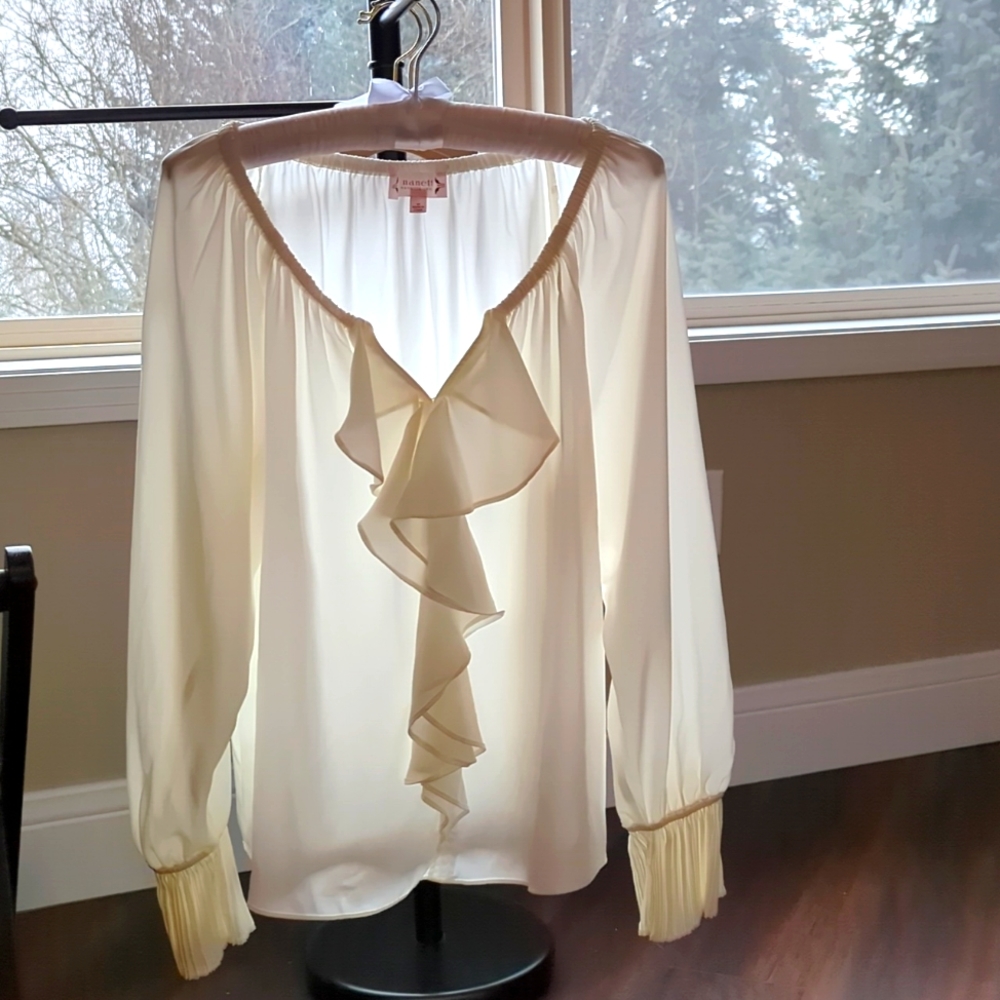Nanette Lepore Ivory Ruffled Blouse, Med, Semi-Sheer, 100% Polyester EUC